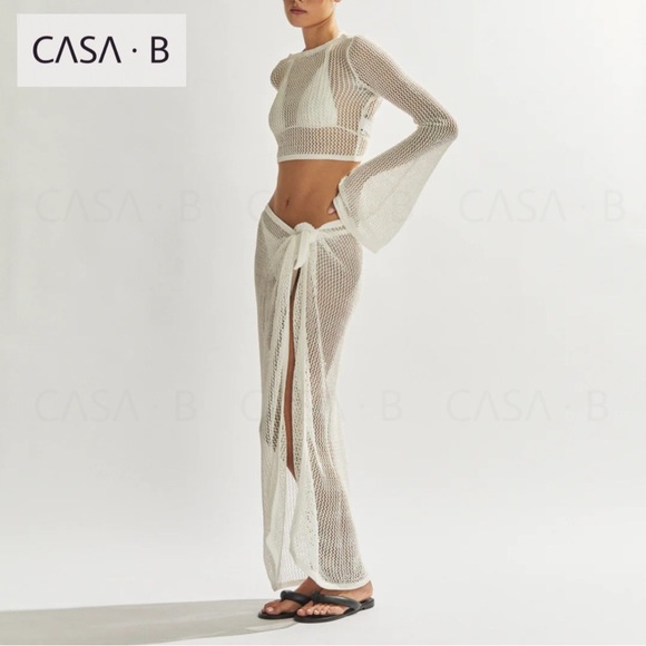 SOON to CASA B| Sinclair Netted Crochet Wrap Top & Maxi Sarong Set Ivory - Picture 1 of 16